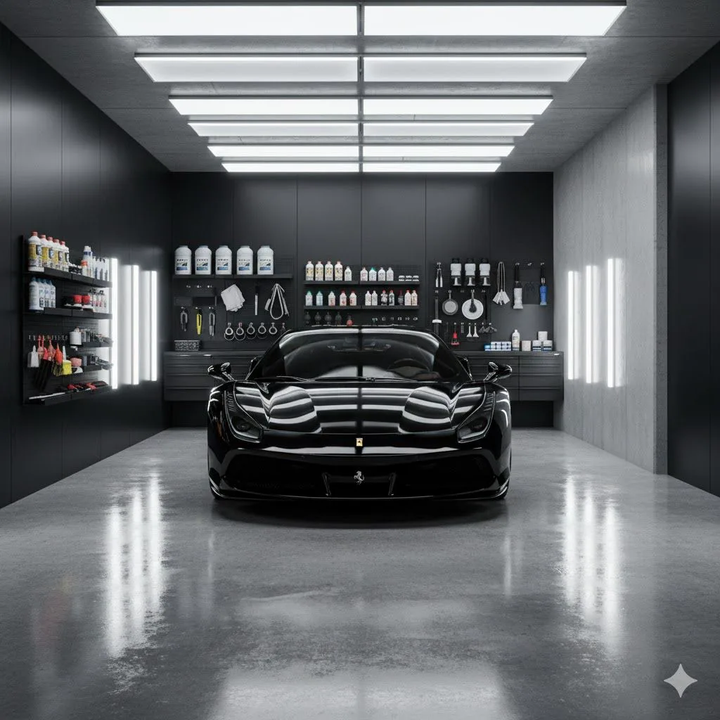 Black Ferrari centered in a bright detailing bay