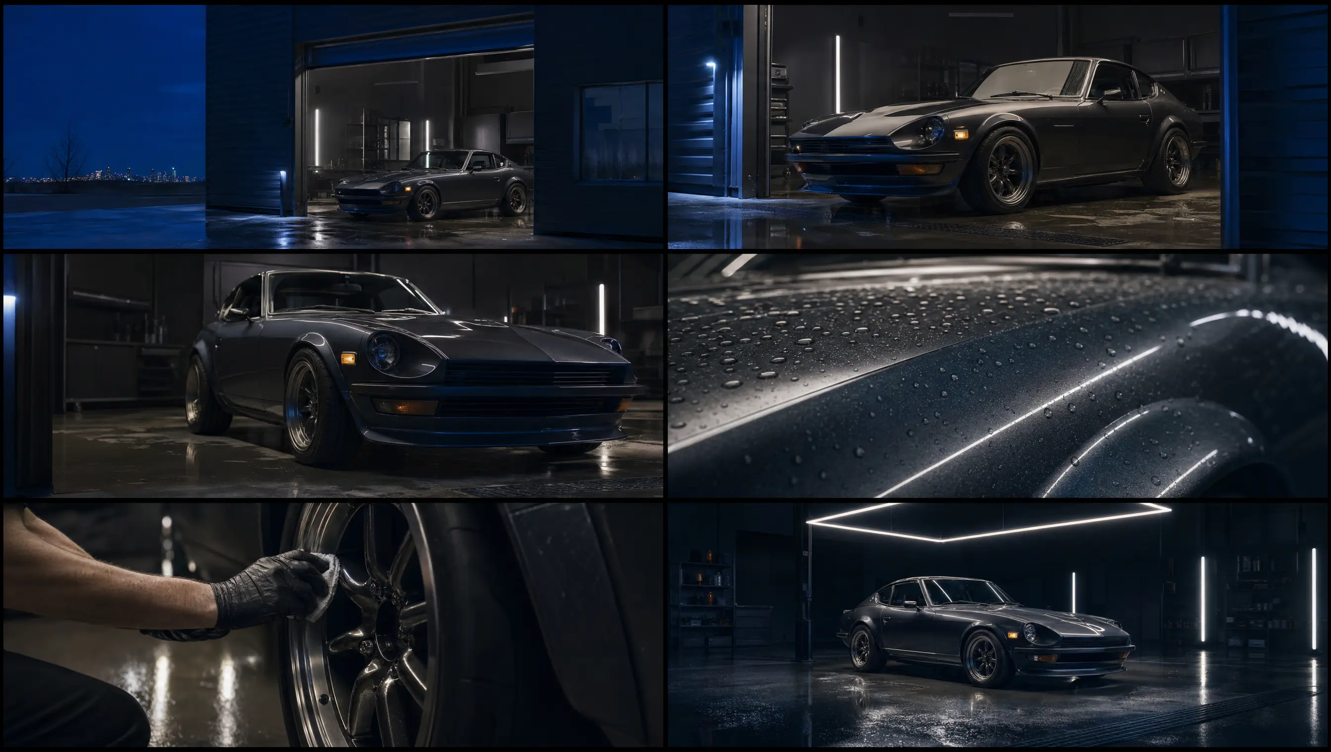 Detailed process views of a classic car inside the studio